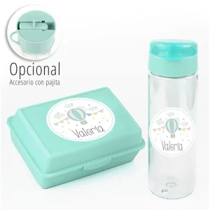 Pack Botella 600ml + Cajita Porta Alimentos Globo Menta personalizadas