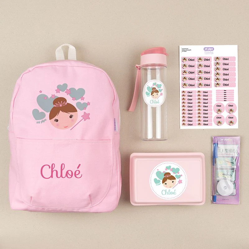 Pack Mi Equipo para el Cole con Mochila Hada personalizado + Regalo Marcaprendas