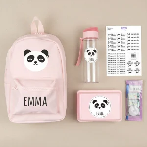 Pack Mi Equipo para el Cole con Mochila Panda Rosa personalizado + Regalo Marcaprendas